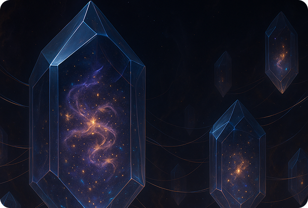 Social platform www.bebaskutukucing.com — glowing crystals containing cosmic nebulae against dark space background